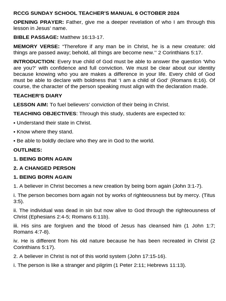 RCCG Sunday School Teacher Manual 2024 | PDF | Jesus | Born Again