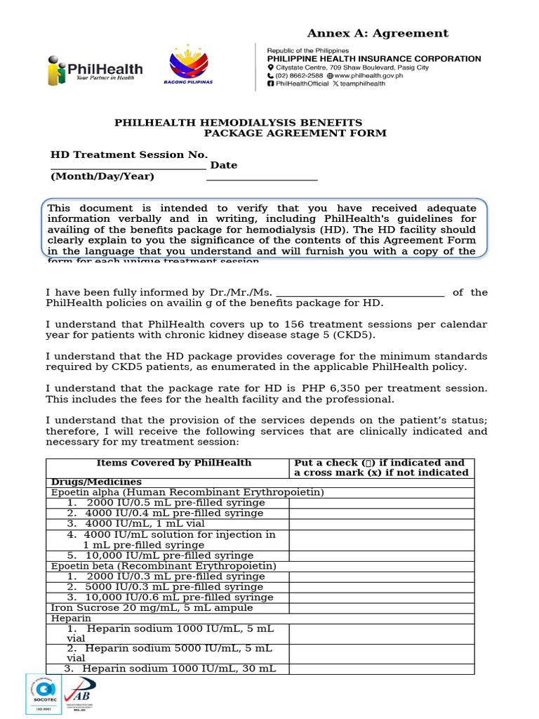 PhilHealth Hemodialysis Agreement Form | PDF | Hemodialysis | Medical ...