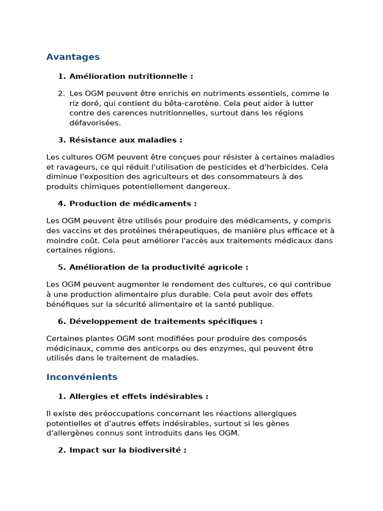 Avantages et inconvénients des OGM PDF Organisme génétiquement — free download