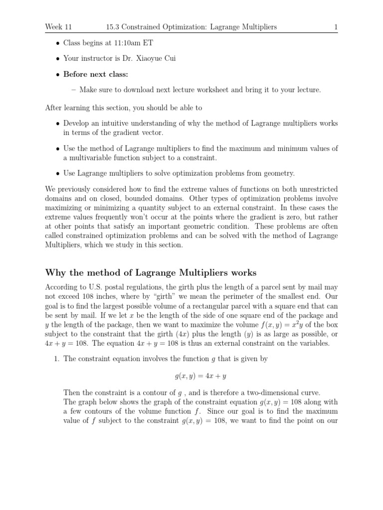 Before next class why the method of lagrange multipliers works