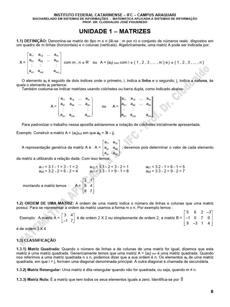 Apostila - Unidade 1 - Matrizes | PDF | Matriz (Matemática) | Teoria do ...