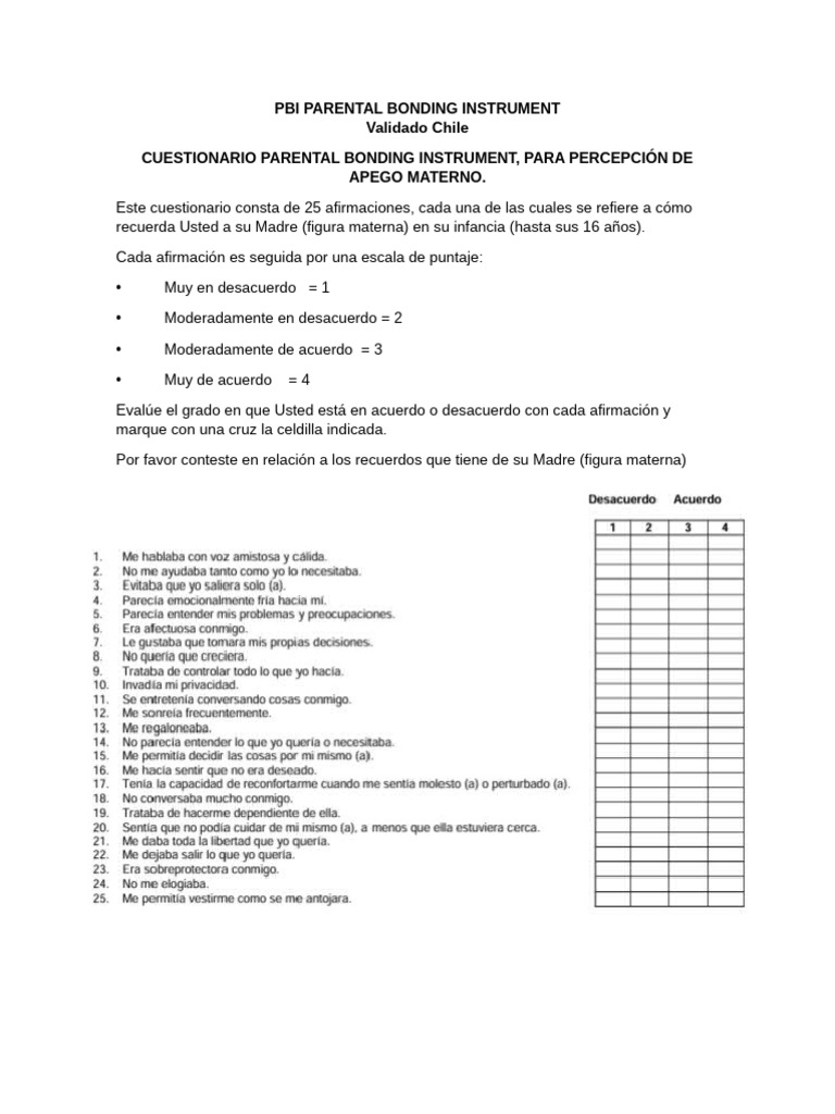 Cuestionario PBI de Apego Parental | PDF