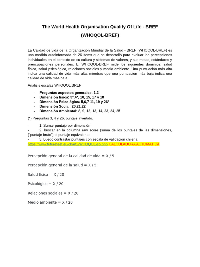 WHOQOL-BREF: Evaluación de Calidad de Vida | PDF