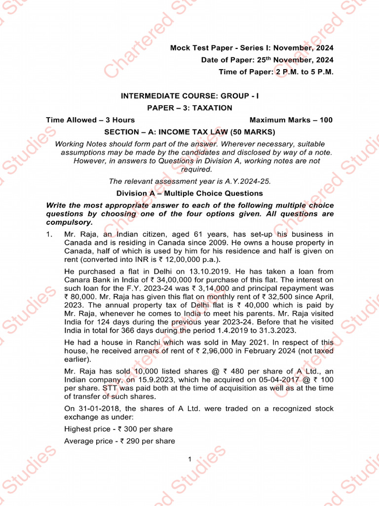 CA Inter Taxation Question Paper | PDF
