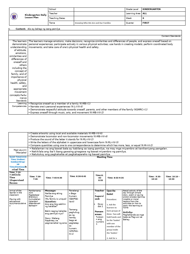 Kindergarten Lesson Plan: Family Theme | PDF | Human Communication ...