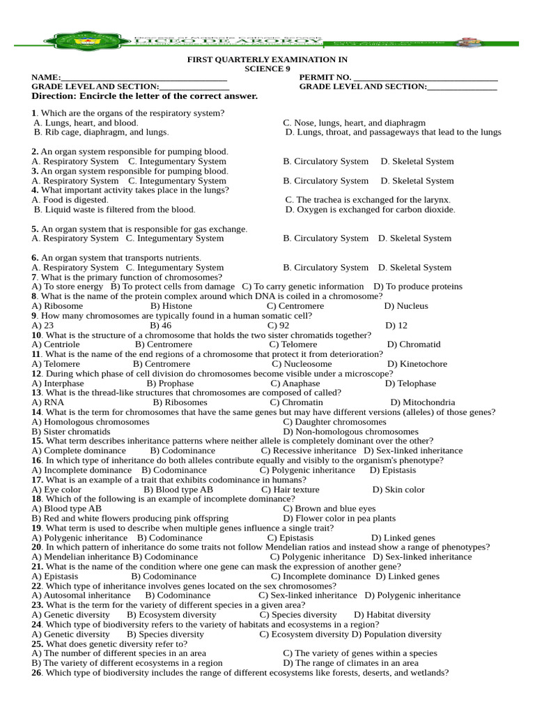 Science 9 Exam Questions | PDF | Dominance (Genetics) | Lung