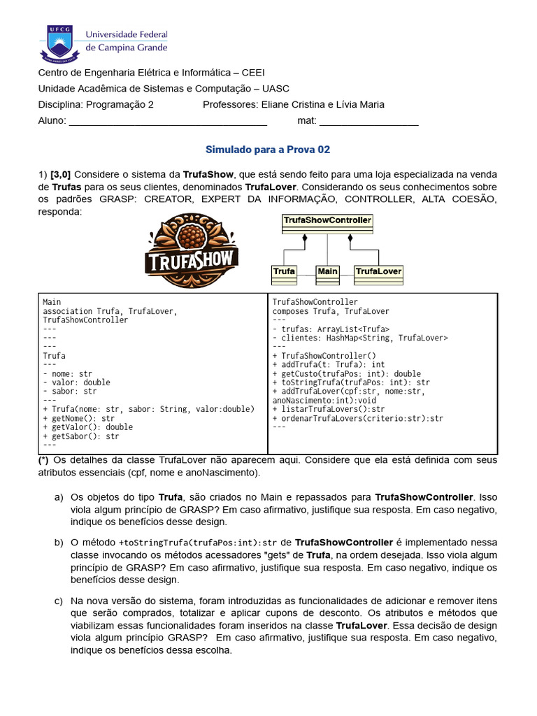 Simulado Da Prova 2 - P2 - 20241 | PDF | Classe (programação de ...
