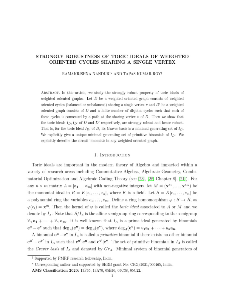 Strongly Robust Toric Ideals of Weighted Oriented Graphs | PDF | Ring ...