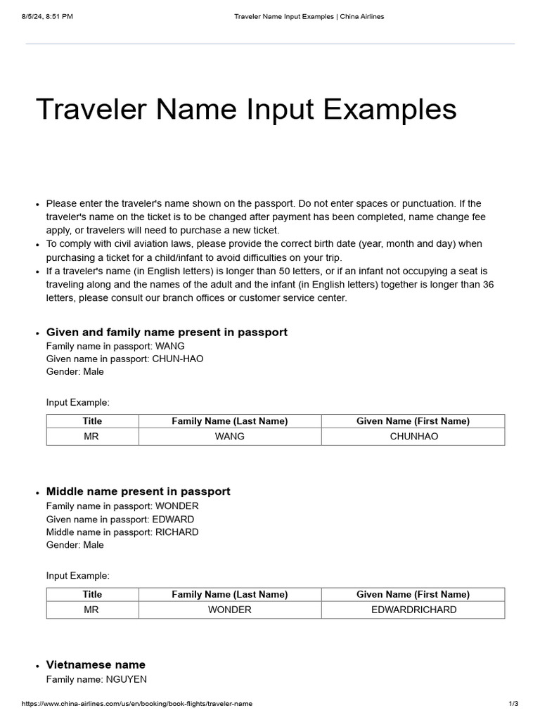 Traveler Name Input Examples - China Airlines | PDF | Passport