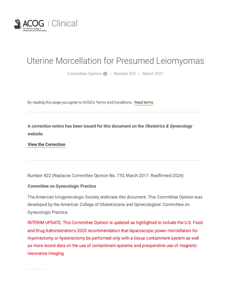 Uterine Morcellation Guidelines ACOG 2021 | PDF | Surgery | Diseases ...