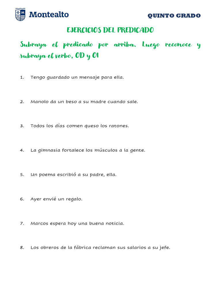 Ejercicios de Predicado para Quinto Grado | PDF