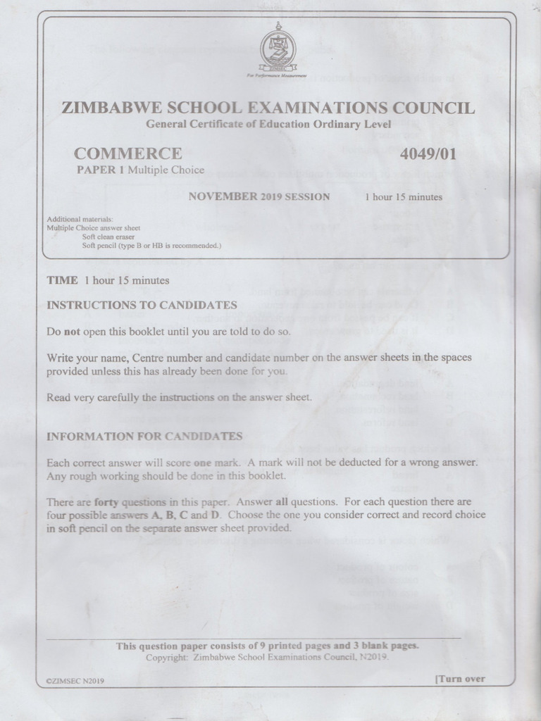 2019 Commerce Olevel Nov Paper1 | PDF