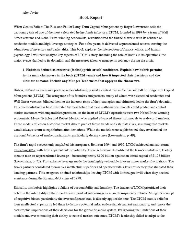 LTCM's Rise and Fall A Cautionary Tale PDF Long Term Capital