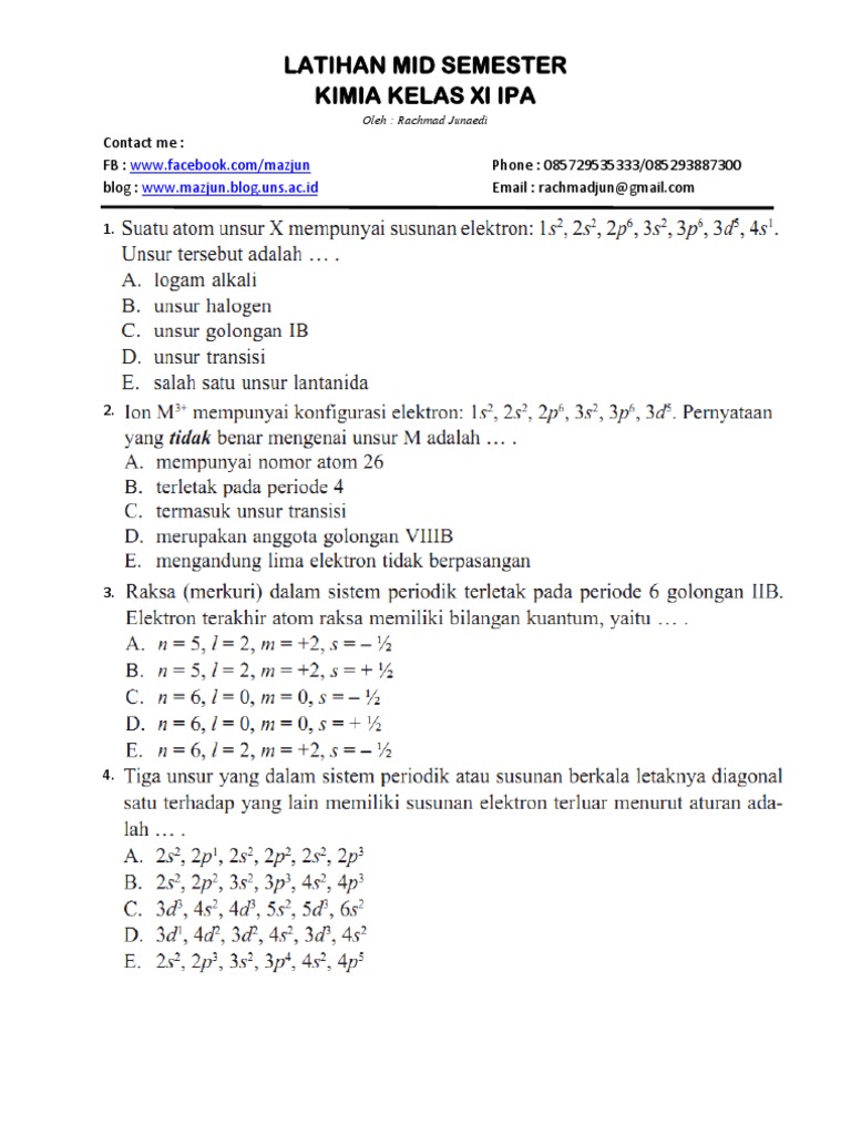 Soal Kimia Mid Semester 1 Kelas Xi Ipa
