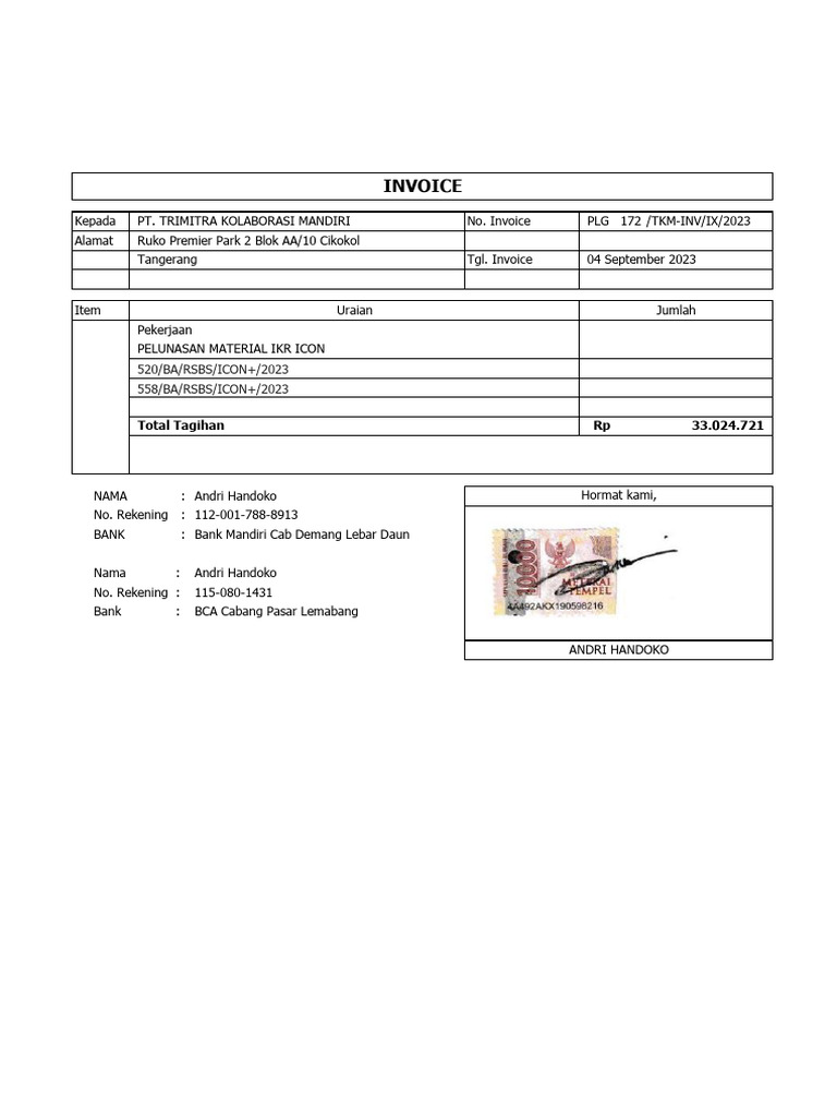 Invoice Pekerjaan Material IKR ICON | PDF