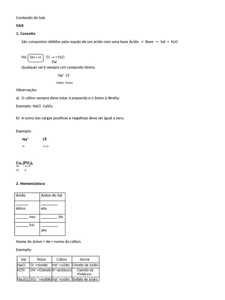 Propriedades dos Sais e Nomenclatura | PDF