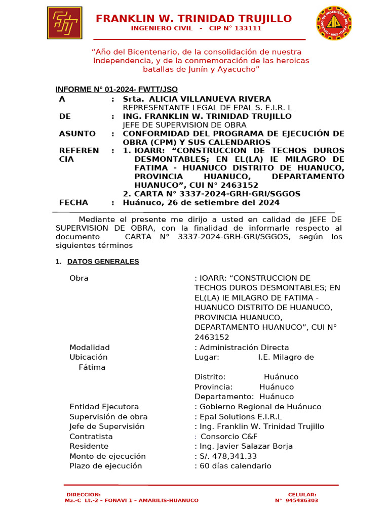 Informe Supervisor de Obra 2024 #01 | PDF