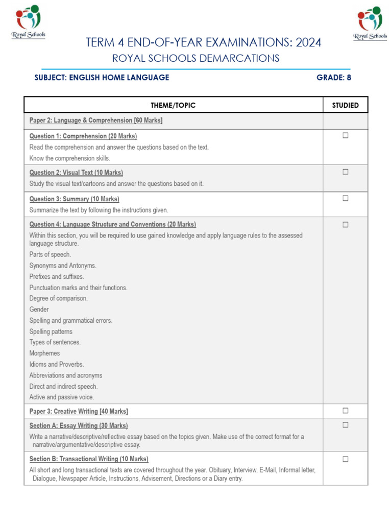 Grade 8 Term 4 Exam Overview | PDF | Geometry | Reading Comprehension