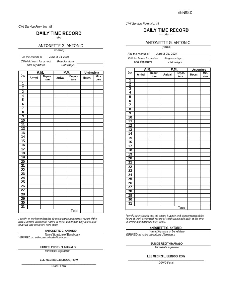 Annex D - Daily Time Record 1 | PDF