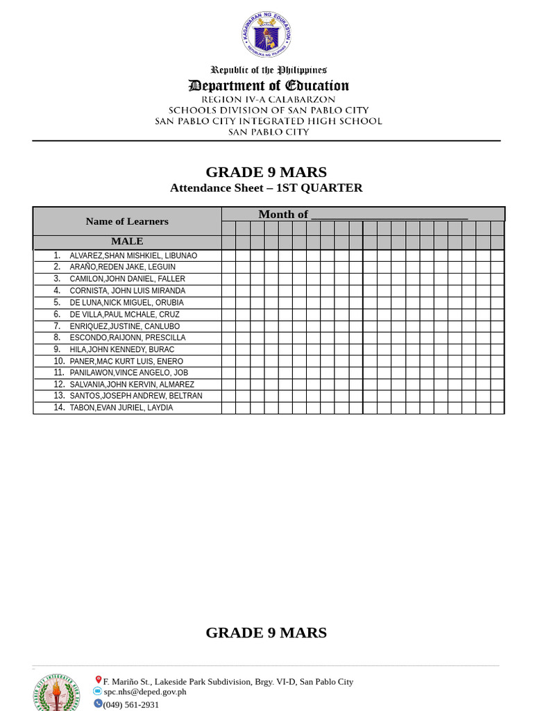 Grade 9 MARS Attendance Sheet | PDF