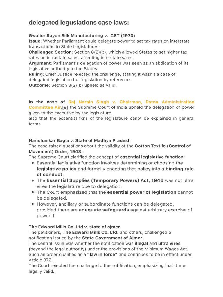 Delegated Legislation Case Law Overview | PDF | Constitution ...