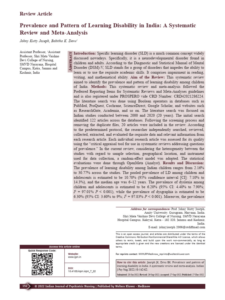 Learning Disability Prevalence in India | PDF | Systematic Review ...