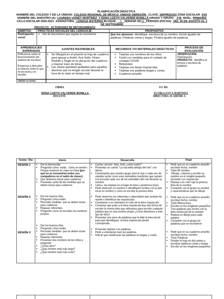 1°b Planeacion Del 24 Al 28 de Agosto | PDF | Evaluación | Educación ...