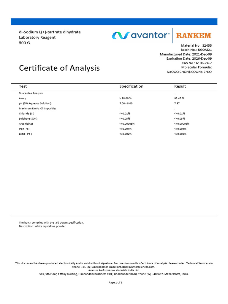 Certificate of Analysis for Di-Sodium Tartrate | PDF | Chloride ...