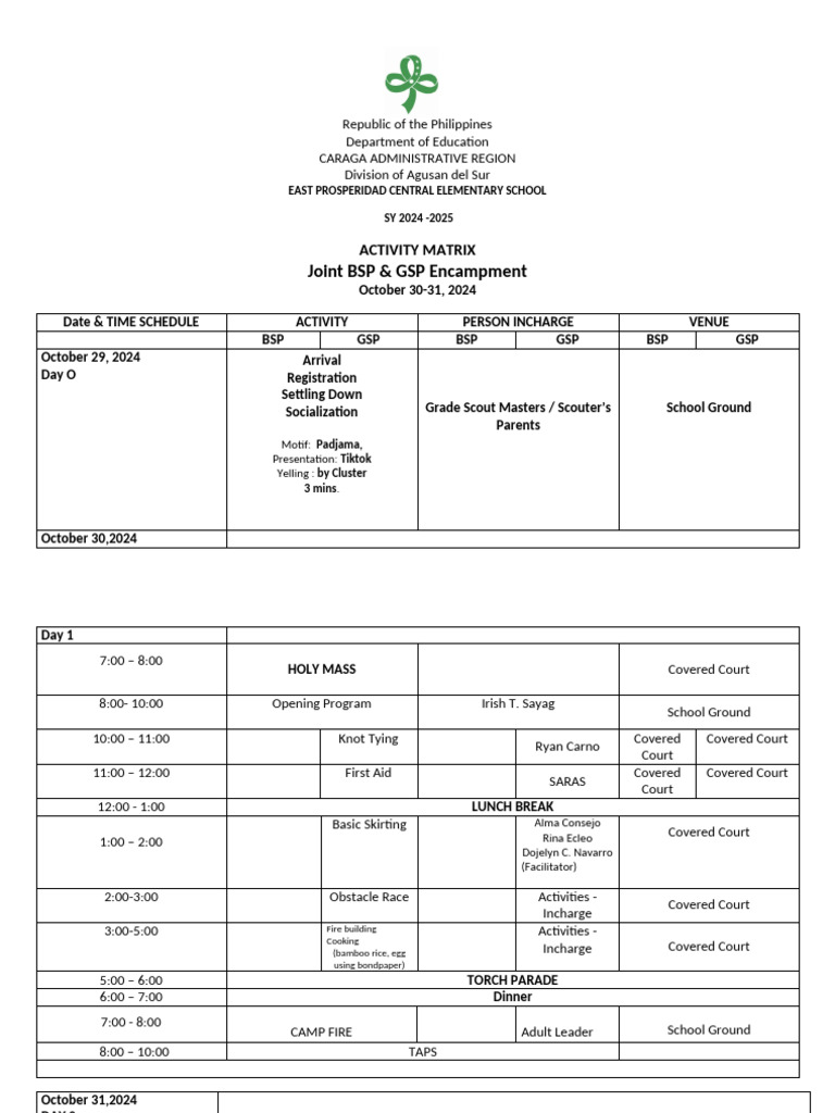 Joint BSP & GSP Encampment Schedule | PDF | Cuisine