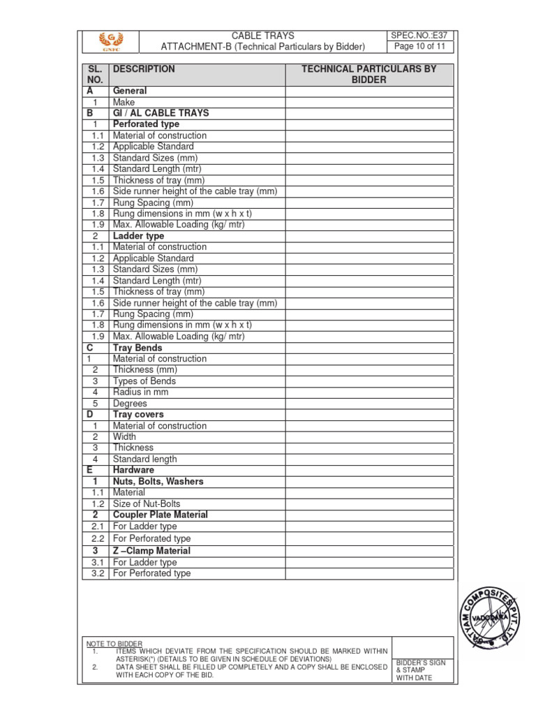 Technical Specs for Cable Trays E37 | PDF