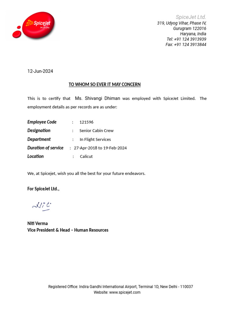 SpiceJet Employment Certification Letter | PDF