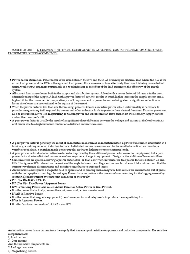 Automatic Power Factor Correction - Electrical Notes & A | PDF ...
