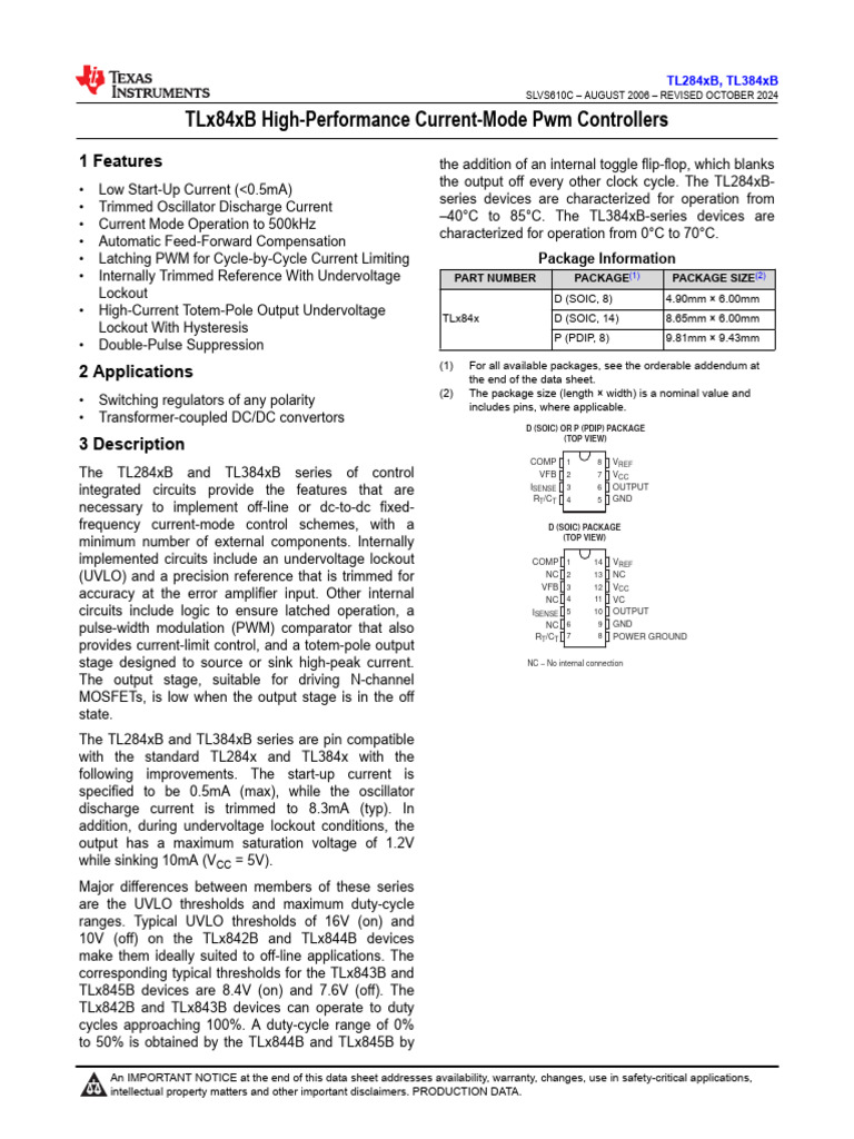 Tlx84xb high performance current mode pwm controllers 1 features pdf