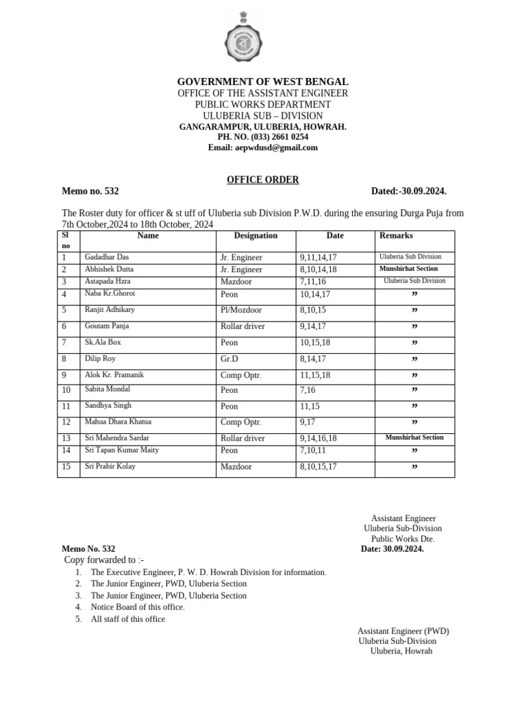 Uluberia PWD Roster Duty for Durga Puja | PDF