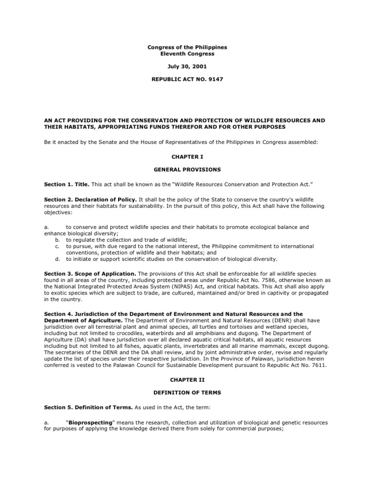 Ra 9147 | PDF | Endangered Species Act Of 1973 | Endangered Species