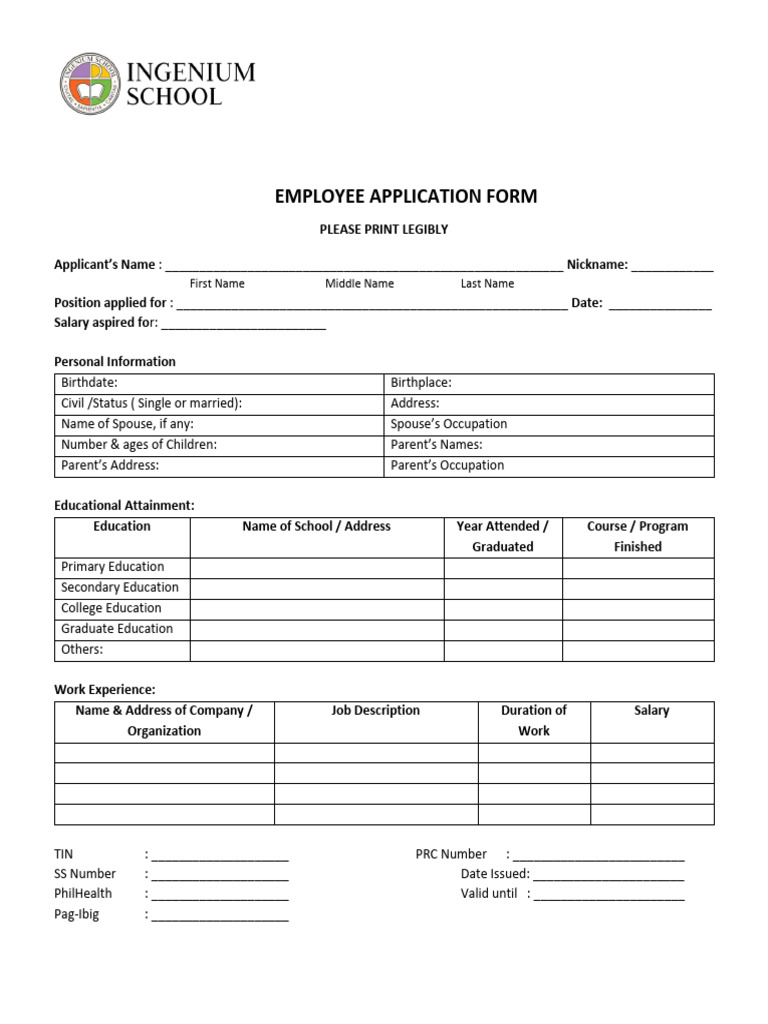 Employee application form pdf