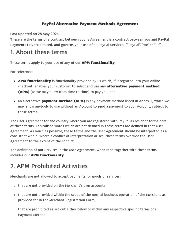 PayPal Alternative Payment Methods Agreement | PDF | Pay Pal | Credit Card