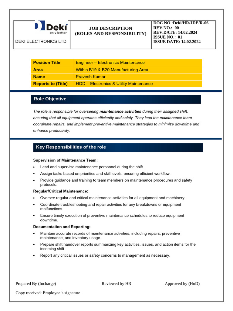 Role Profile Area Shift Engineer - Pravesh Chaudhary | PDF ...