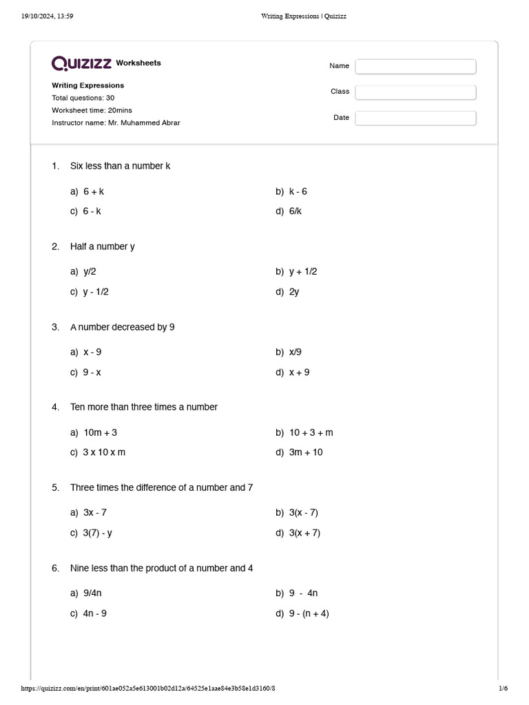 Writing Mathematical Expressions Worksheet | PDF | Multiplication | Numbers