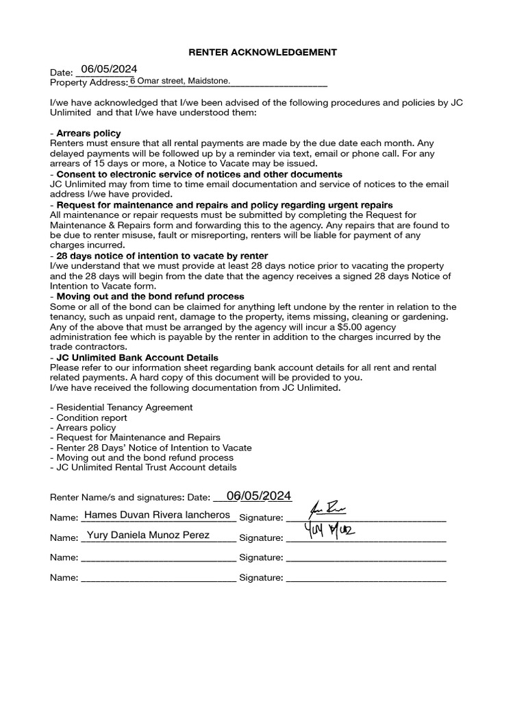 Renter Acknowledgement and Policies | PDF | Renting | Natural Resources Law