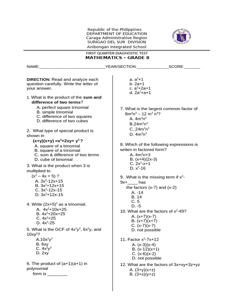 Grade 8 Mathematics Diagnostic Test | PDF | Cartesian Coordinate System ...