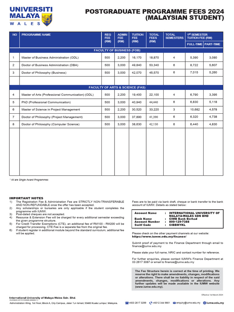IUMW Postgraduate Fees 2024 Guide | PDF | Doctor Of Philosophy ...