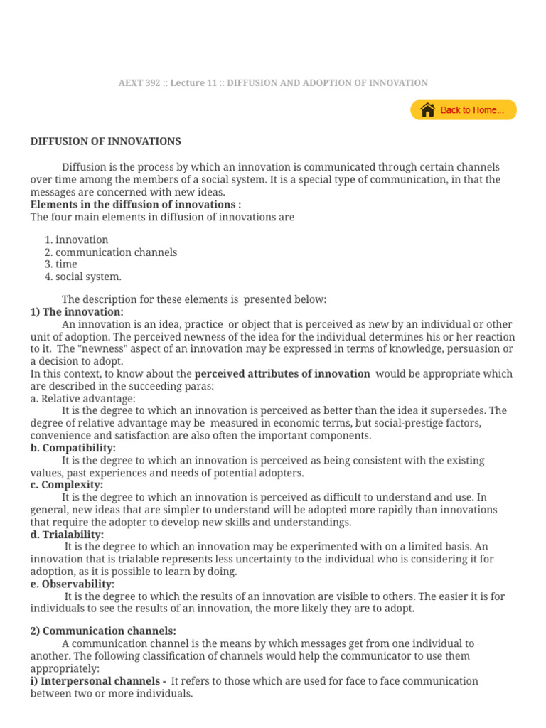 AEXT 392 - Lecture 11 - DIFFUSION AND ADOPTION OF INNOVATION | PDF ...