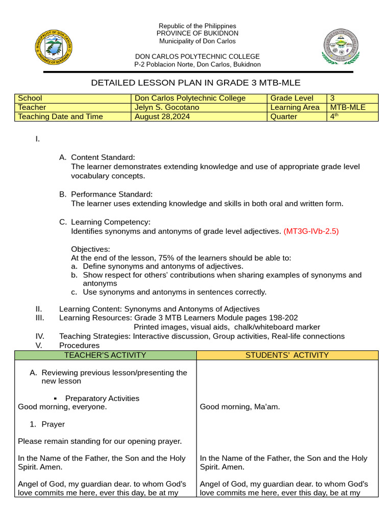 Grade 3 Lesson Plan: Synonyms & Antonyms | PDF | Lesson Plan | Learning