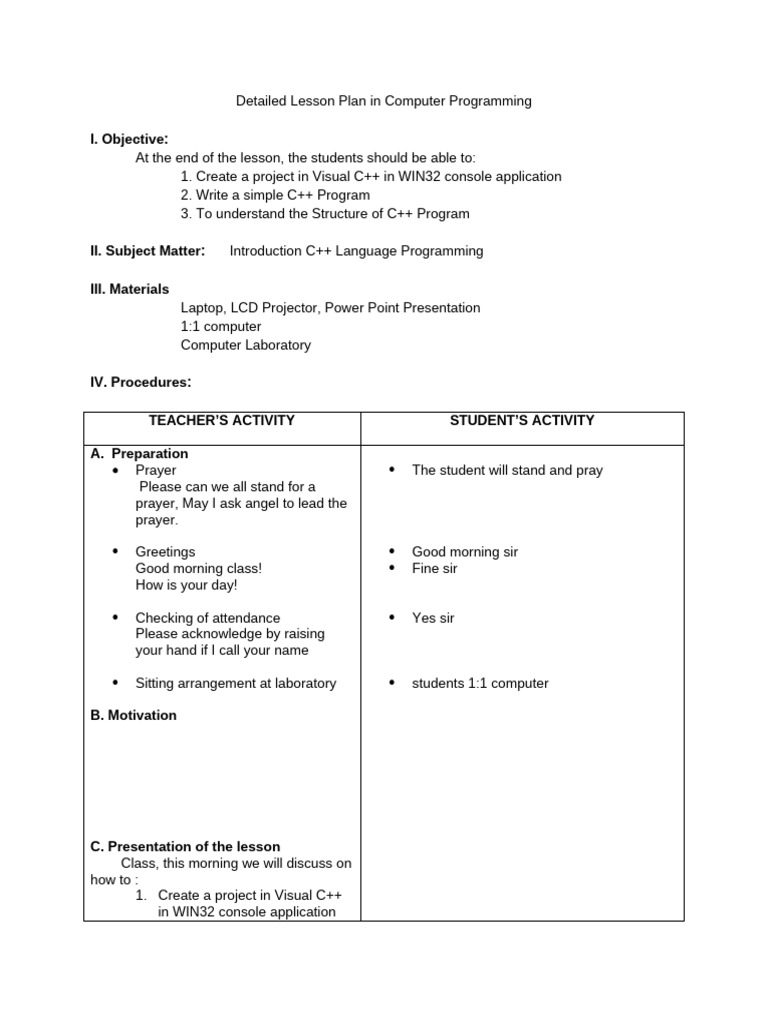 Detailed lesson plan in introduction to programming c pdf c 