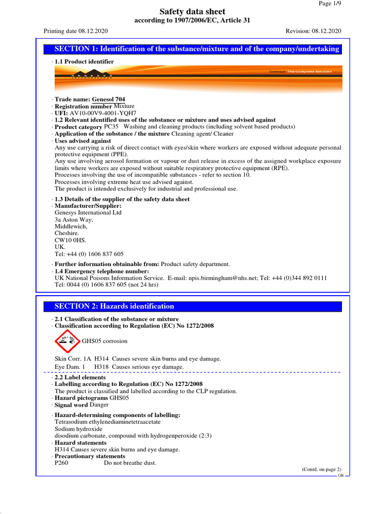 Genesol 704 Safety Data Sheet | PDF | Waste | Toxicity