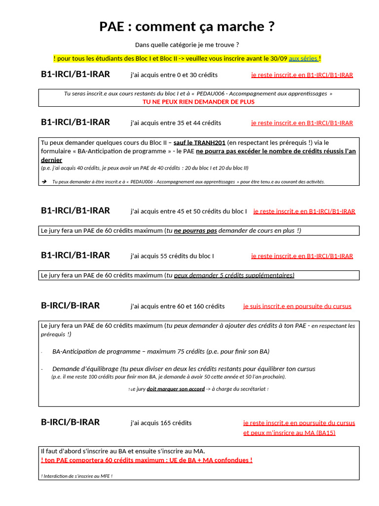 Guide du PAE pour étudiants en Bloc I et II | PDF