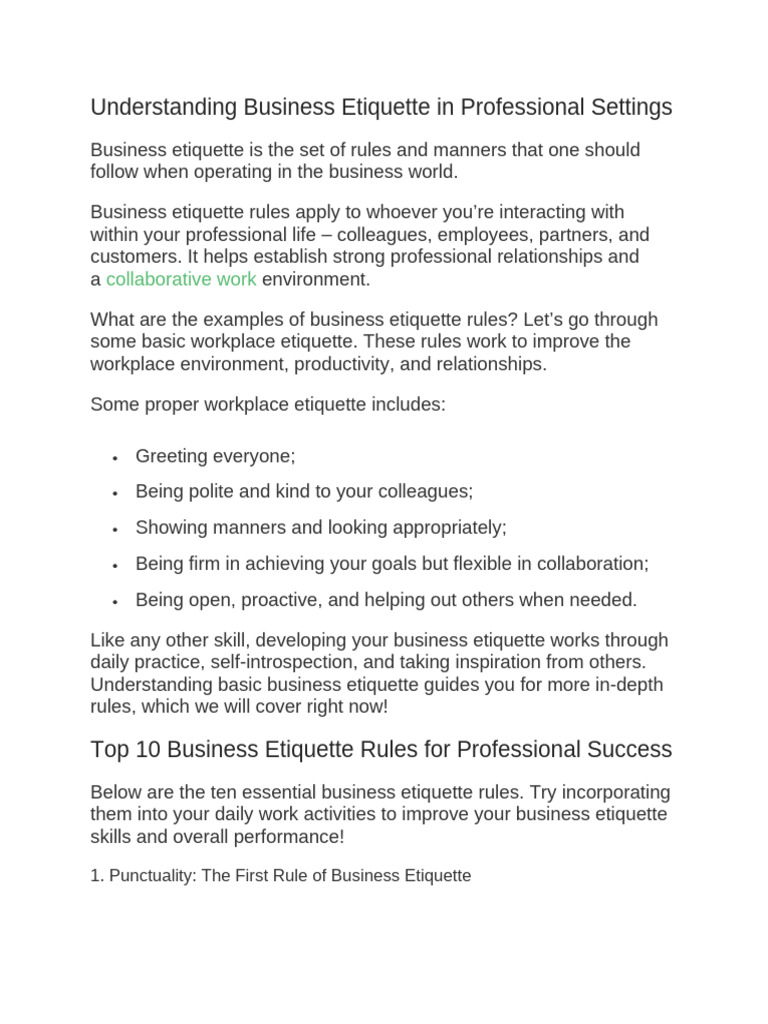 Understanding Business Etiquette in Professional Settings | PDF | Body ...
