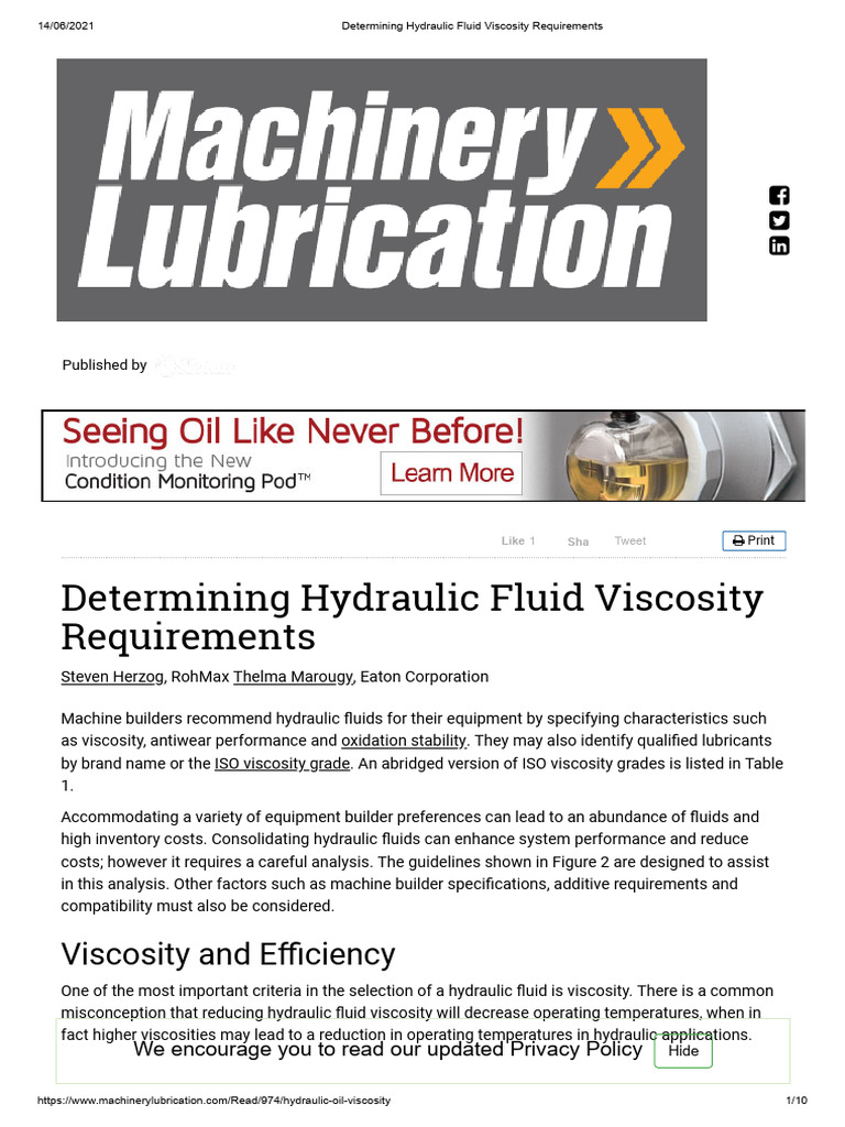 Determining Hydraulic Fluid Viscosity Requirements PDF Pump Viscosity
