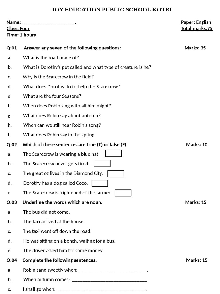 Class 4 English Question Paper | PDF